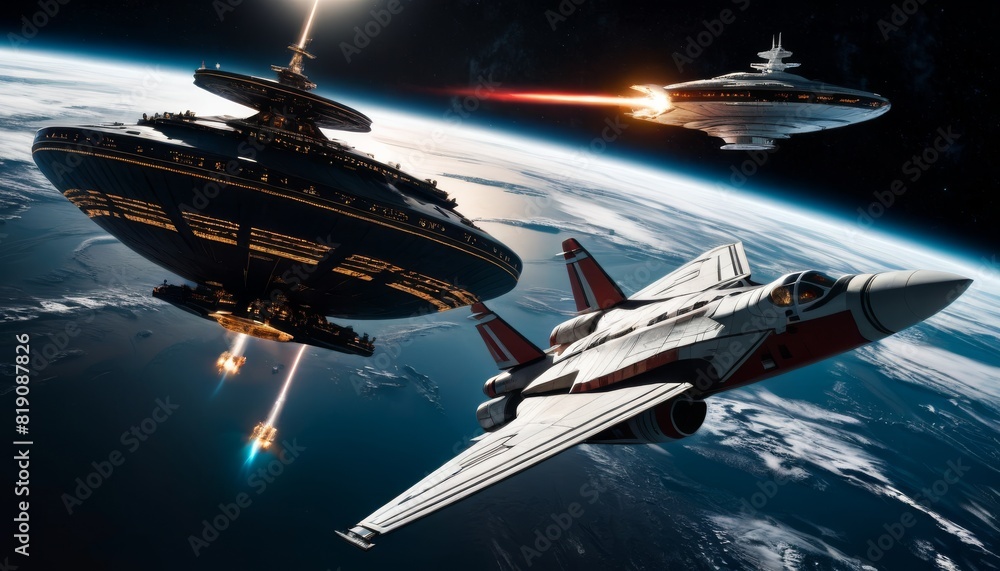Poster a dynamic scene of space warfare with cutting-edge spacecraft engaged in a fierce battle, vividly il