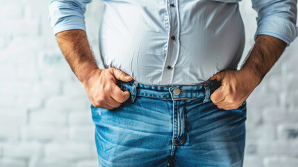 A man with a large belly fat is wearing jeans and a shirt