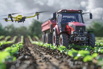 Fototapeta premium Precision agriculture with camera drones in modern farm industry operations for green crop research using isometric agricultural lush farming techniques