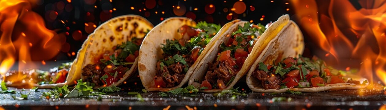 Beef tacos, topped with salsa and cilantro, lively taco truck in Los Angeles