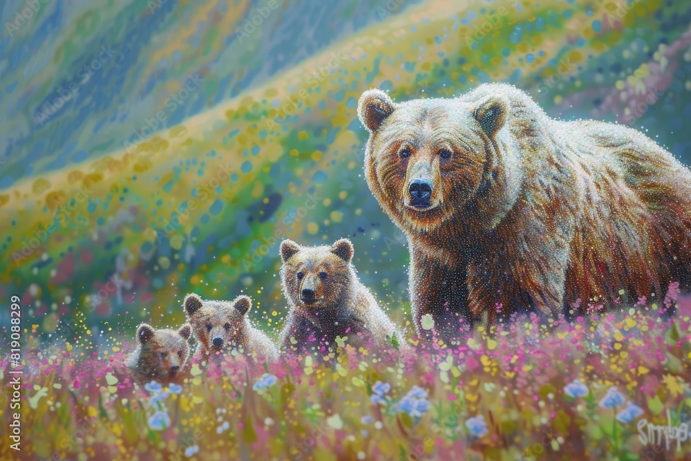 Poster Three bears in a field of colorful flowers, suitable for nature and wildlife themes