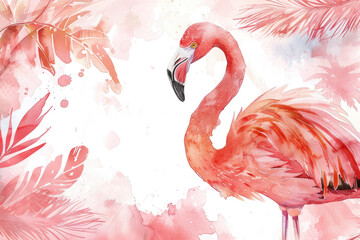 A painting of a flamingo standing in front of a pink background. Ideal for tropical-themed designs