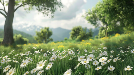 Idyllic summer scene featuring lush grass adorned with meadow flowers, daisies, and scenic spring views.