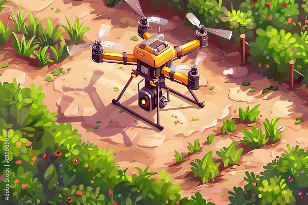 Poster young crop sensors with vector agriculture drone monitoring and protection in isometric high-tech fa