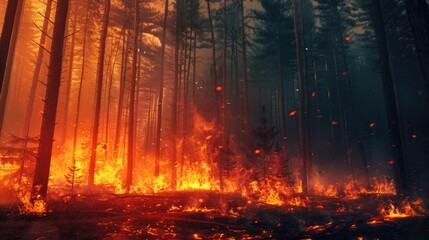 Forest fire, many acres of pine trees burn down during the dry season. Wildfire burns in the forest. The concept of global cataclysms on earth