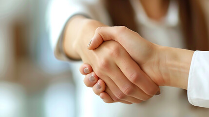 A cheerful professional woman, with a warm smile, shaking hands confidently during a job interview in the office.