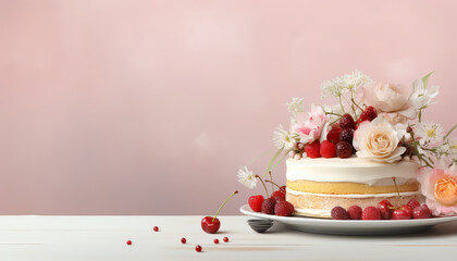 A white cake with red berries and flowers on top of a white plate