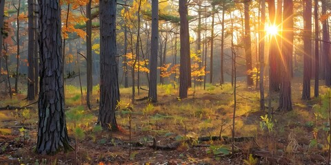 A beauty of a forest bathed in the soft golden light of sunrise or sunset, with the warm hues of dawn or dusk casting a magical glow over the treetops and forest floor