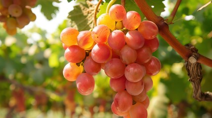 A bunch of ripe red grapes hanging on a vine with sunlight filtering through the leaves in a vineyard