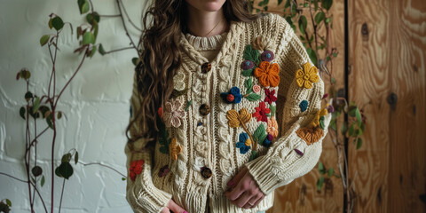 A hand knitted cardigan with embroidered flowers in the cottagecore style.