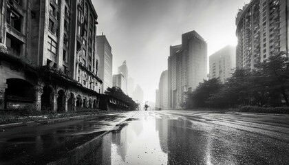 abandoned apocalyptic city streets wih skyscrapers in fog with cloudy skyes in rain