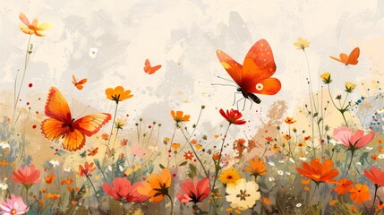 A whimsical illustration of colorful butterflies fluttering amidst a field of wildflowers, symbolizing freedom, transformation, and the beauty of nature.