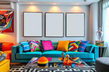 3 empty vertical art frames