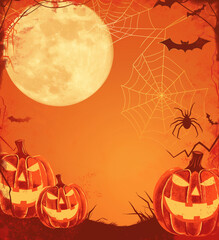 Halloween background orange with cobwebs and pumpkins