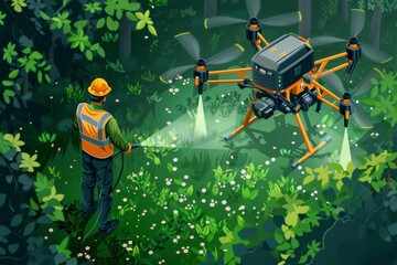 Efficient green farming with drone monitoring for crop protection and soil analysis using aerial view illustration techniques in sustainable agriculture