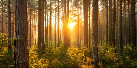 the soft golden light of sunrise or sunset, forest floor