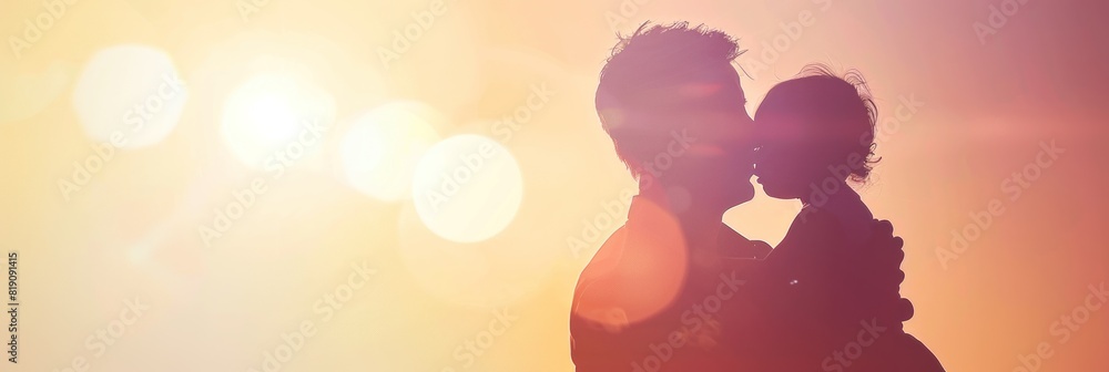 Poster soft gradient background with a subtle outline of a father and child playing or embracing, capturing