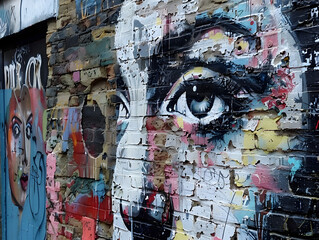 Vibrant Graffiti Mural Art on Brick Wall Featuring Detailed Expressive Eye with Soulful Blues and Dynamic Red, Yellow, Pink, and Blue Colors Intricate Street Art Composition