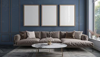 Triple blank frames, pale indigo wall, taupe sofa, sleek marble table; ultra HD living room.