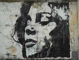 Vintage Black and White Graffiti Mural of Woman' Face on Weathered Wall with High-Contrast Monochromatic Style and Distressed Texture Featuring Electrical Box and Urban Street Art Elements