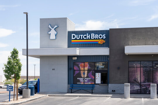 Las Vegas, Nevada, USA - May 31, 2023: A Dutch Bros coffee shop on Rainbow Blvd in Las Vegas, Nevada, USA. Dutch Bros Inc. is a publicly held drive-through coffee chain in the United States.