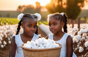 Two black girls years 8-12 in white dresses sit with basket full of cotton flowers on background of plantation at sunset, harvesting, child labor, symbol of white gold, tenderness, natural material