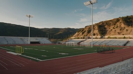 close-up of a football stadium with an artificial goal, a hillside athletics field