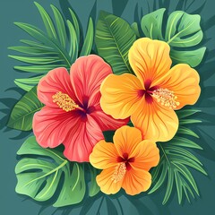Hibiscus flat design top view tropical paradise theme animation Tetradic color scheme