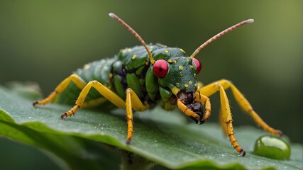 Fototapeta premium Macro portrait of a green oruga on a leafless flower with a blurred background, gusano with antennae, and a yellow-colored bug eating