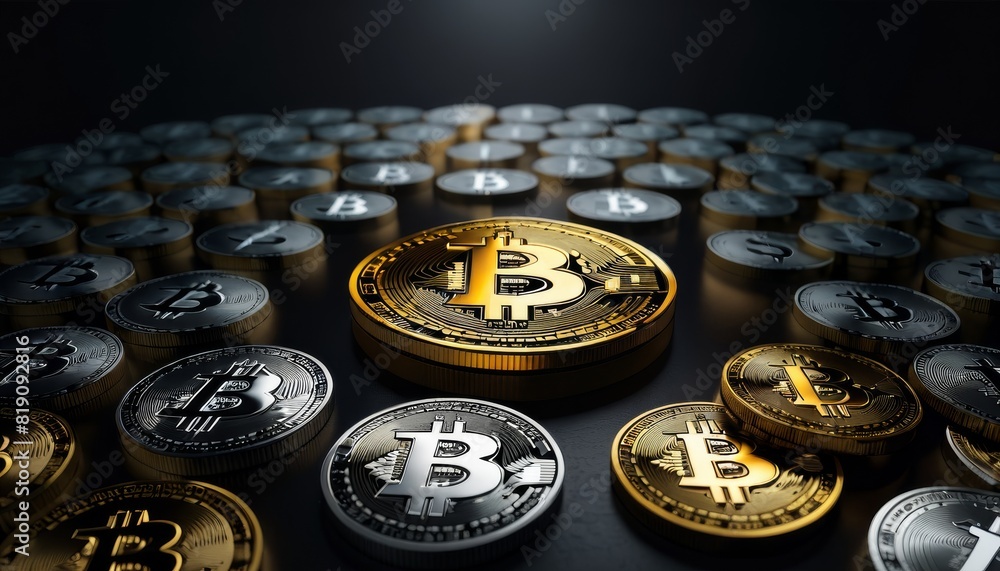 Poster a collection of bitcoin coins meticulously arranged on a dark, reflective surface, emphasizing the m