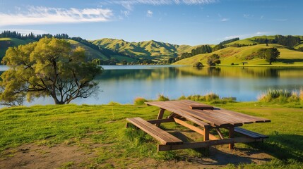 Obraz premium Serene lakeside picnic spot with table, benches, and hills, perfect for a quiet break.