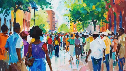Fototapeta premium Colorful painting of diverse crowd walking down street with bright buildings and trees