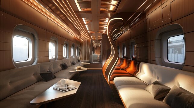 This image showcases the luxurious and futuristic design of a modern train cabin with elegant seating and warm lighting