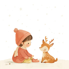 A cute little girl in winter sits on the ground and plays with her deer friend, simple flat illustration style, simple lines, white background, cute cartoon design, simple details, simple colors.