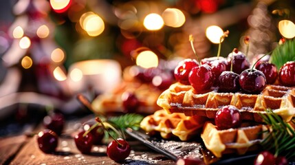 Fresh waffles with hot cherries on Christmas market with copy space.