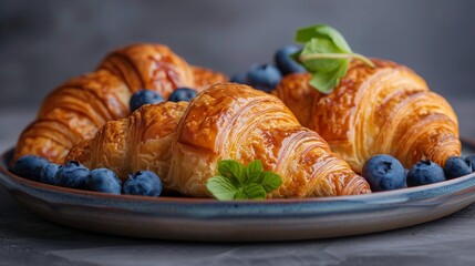 Croissants With Blueberries on a Plate