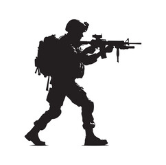 Soldier silhouette on a white background. Special army force wearing uniforms. Soldiers standing with assault rifles silhouette.armies with anonymous faces. infantry silhouette collection.