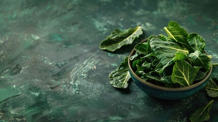 Fresh, vibrant collard greens in bowl, on textured green background