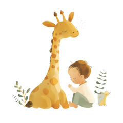 A cute baby giraffe sits next to a little boy, with simple strokes and a clear background. It features cartoon characters in light yellow , children's book illustrations.