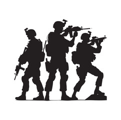 Soldier silhouette on a white background. Special army force wearing uniforms. Soldiers standing with assault rifles silhouette.armies with anonymous faces. infantry silhouette collection.