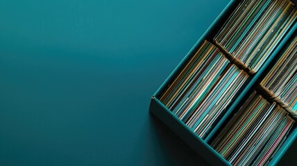 Collection of organized vinyl records in box on blue background