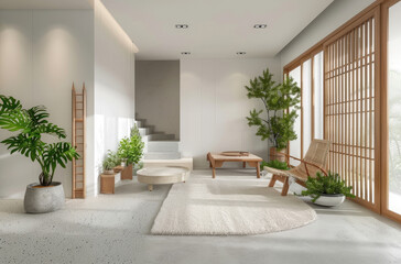 Minimalist interior of a living room with wooden furniture, white walls and green plants on the floor, white carpet flooring
