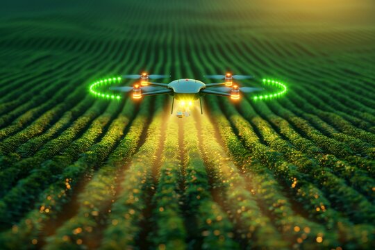 Isometric field drones sustainable agriculture agricultural vector farm sustainable drone view efficiency illustration drone practices corn field innovative at