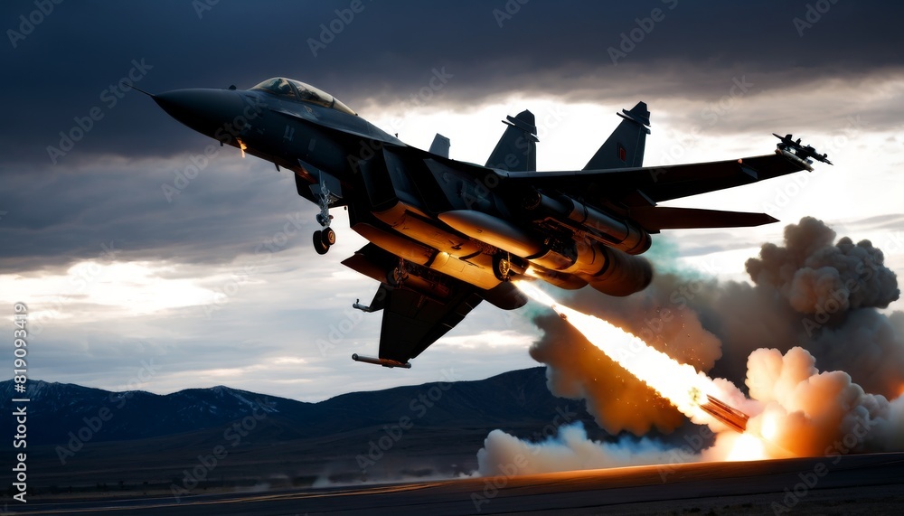 Poster a fighter jet releases fiery exhaust as it takes off at dusk with clouds in the background.. ai gene