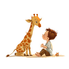 A cute little boy sits on the ground, looking at a baby giraffe toy with its head tilted back. The background is clear. Cartoon illustration in the style of Minimalism.