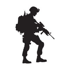 Soldier silhouette on a white background. Special army force wearing uniforms. Soldiers standing with assault rifles silhouette.armies with anonymous faces. infantry silhouette collection.