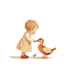 A little girl in light brown feeding aduck with food on the ground. The drawing has a simple style with a clear background in the style of a cartoon illustration. It has a cute and dreamy look.