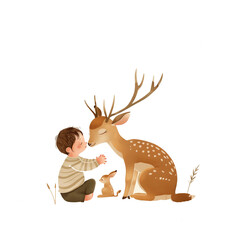  A cute deer and boy, in the style of a children's book illustration, with a simple minimalistic style on a clear background and using a brown color palette, in a full body shot.