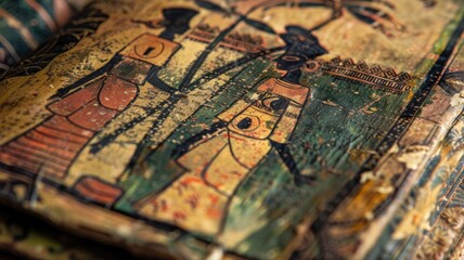 Naklejka premium Ancient artwork depicting figures in traditional attire, painted on aged material