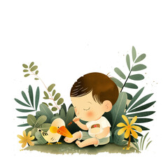 A cute little boy is sitting on the ground, playing with his pet bird in an illustration style, with green plants and yellow flowers around him. The background is clear.